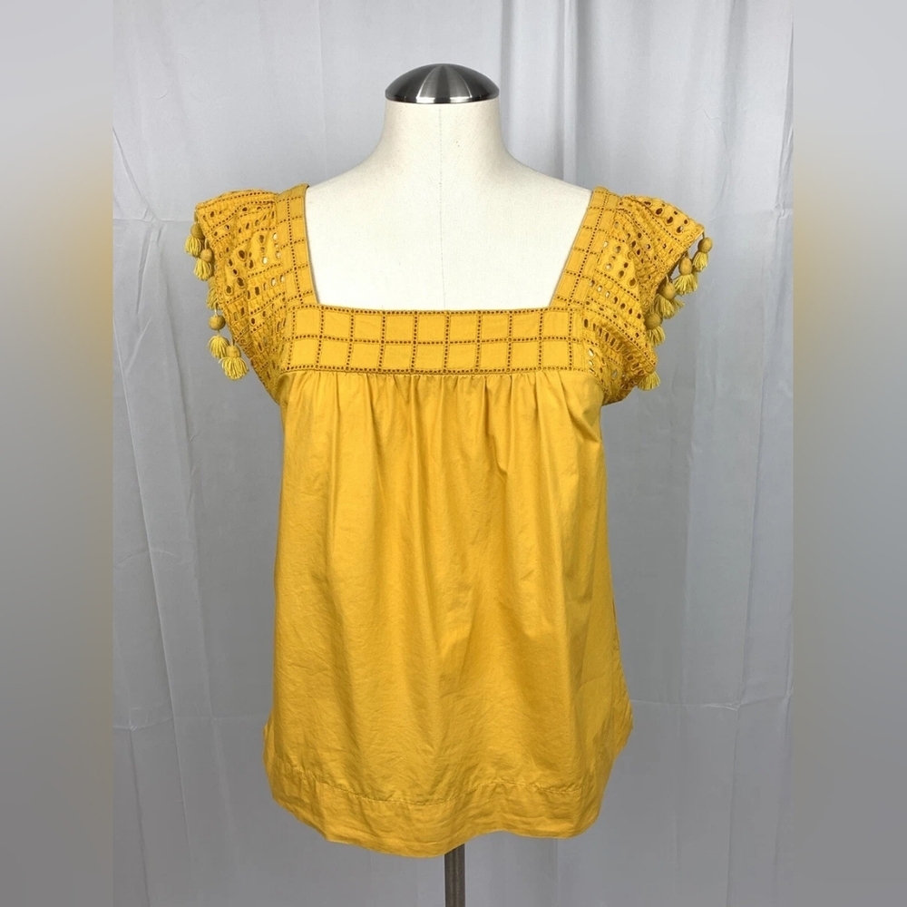 J. CREW Blouse Top Tassel Eyelet Pom Pom Mustard Yellow Embroidered Summer